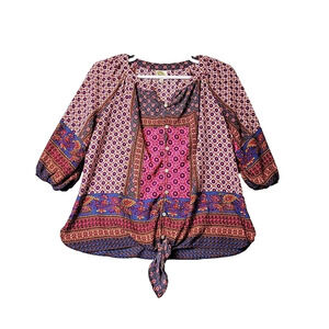 Fig & Flower Patchwork Floral Boho 3/4 Sleeve Knotted Hem Button Up Shirt 1X